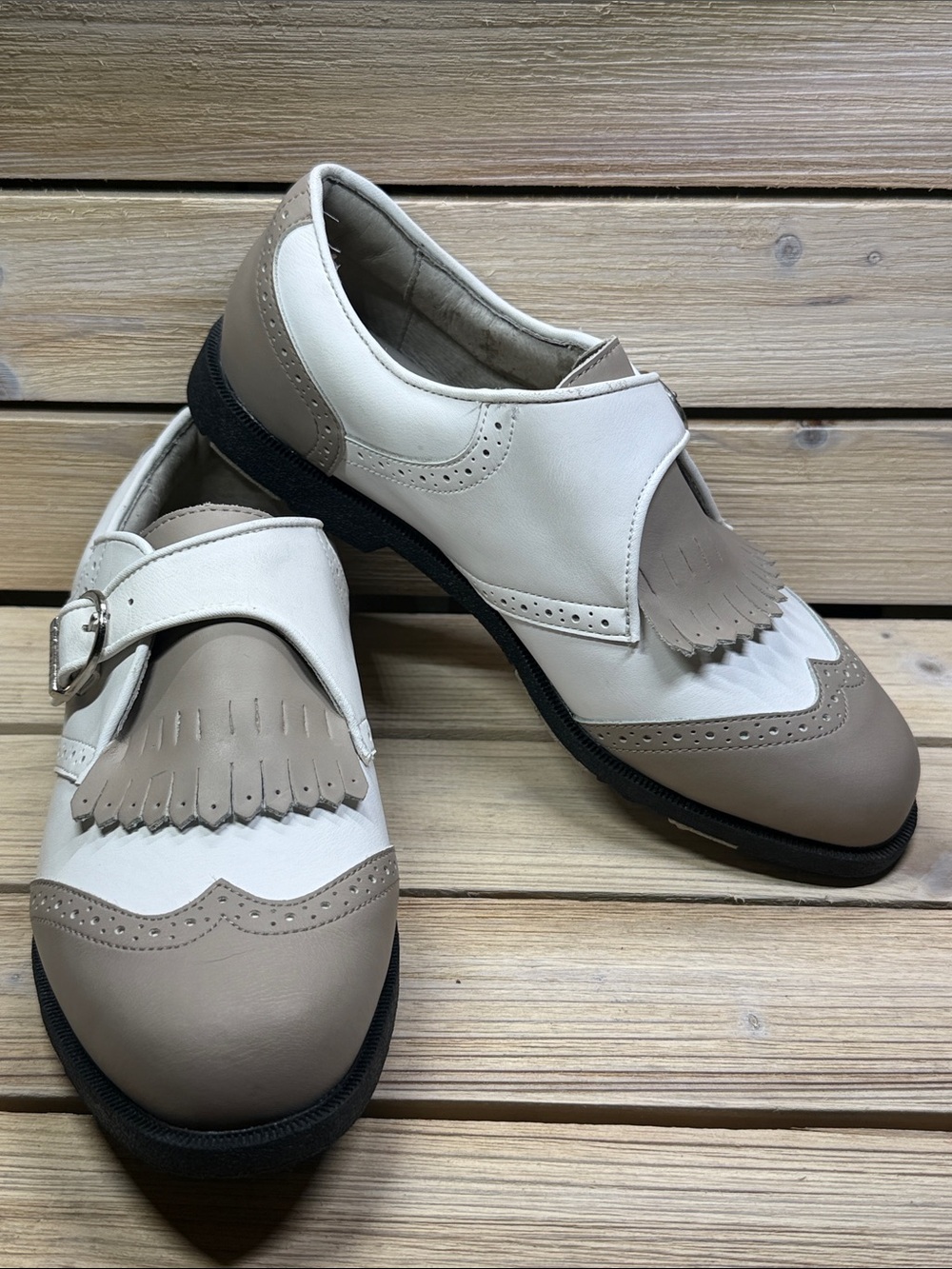 Ashworth Two-Tone Taupe and White Kiltie Monk Strap Leather Golf Shoes